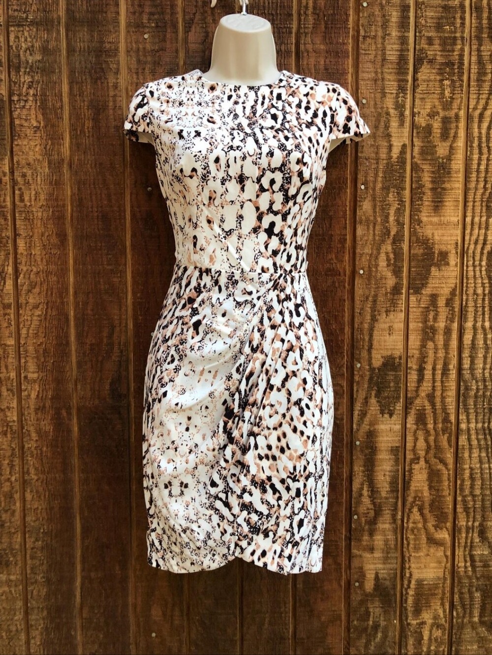 bebe Cream Leopard Print Midi Dress with Brown and Black Spots
